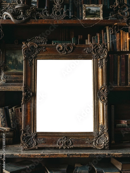 Fototapeta old antique big frame in front of an old bookcase with cobwebs  transparent png mockup
