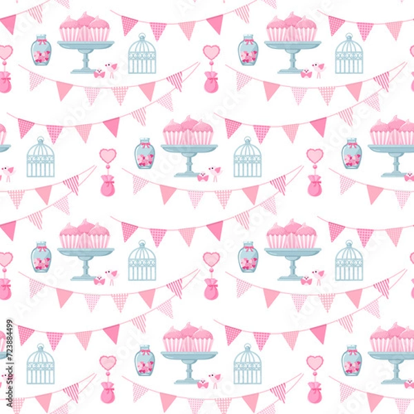 Obraz Seamless pattern cute, romantic with cakes, birds, bows, hearts and triangular flags. 