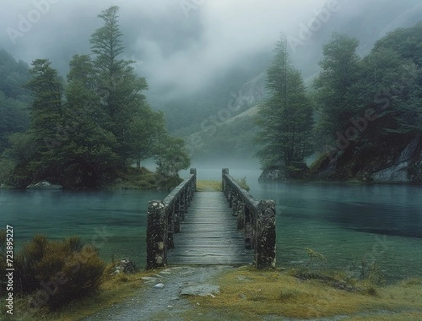 Fototapeta a_photo_bridge_over_a_river_in_a_fog_new_zealand
