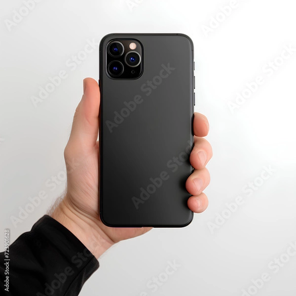 Fototapeta Mobile phone in man's hand, mock up. Back side of phone with camera in male hand. Black Phone.