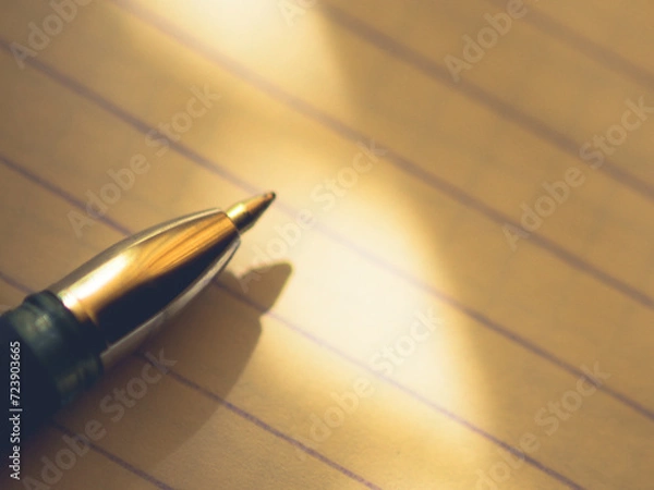 Fototapeta pen on notebook paper in a line, macro photo, place for text.