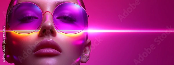 Fototapeta Futuristic Portrait of a Woman With Neon Lights Reflecting on Sunglasses