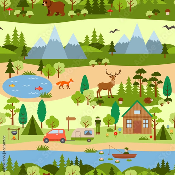 Fototapeta Camping and nature map seamless pattern.
