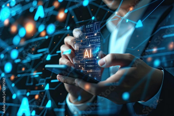 Fototapeta Man using Ai Phone with  virtual digital chatbot, robot application, conversation assistant, AI