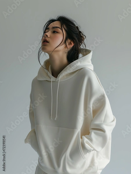 Fototapeta A woman with long black hair tied up is putting her hands into the hoodie she is wearing. Realistic 3d mockup of a cream-coloured hoodie isolated on a grey background. Created with Generative AI.