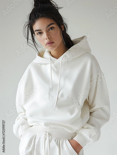 Fototapeta A charming woman with black hair tied up wearing a hoodie, a realistic hoodie 3d mockup in white isolated in a grey room. Created with Generative AI.
