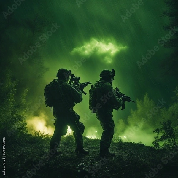 Fototapeta Brave soldiers persevering through torrential rain in a valiant display of resilience and dedication