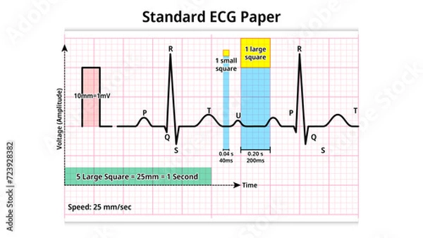 Fototapeta Standard ECG Paper - grid of squares that moves at a speed of 25 mm/s and a voltage of 10 mm/mV - Electrocardiogram Medical Vector Illustration