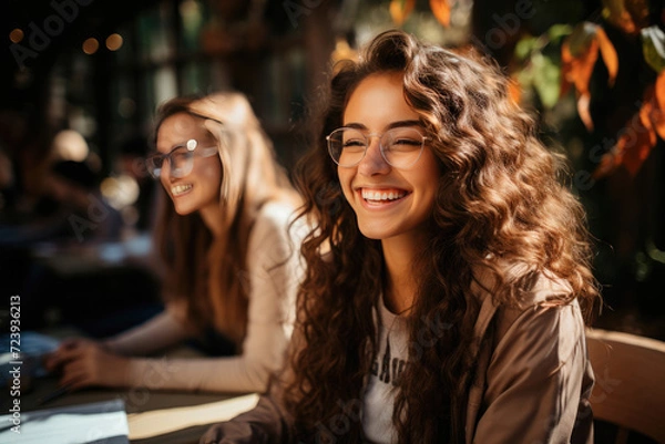 Fototapeta Young girl student studying in class and smiling