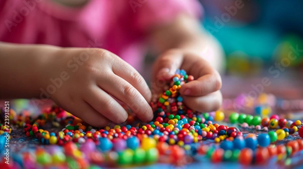 Fototapeta Child's hands creating a multicolor bead necklace or bracelet