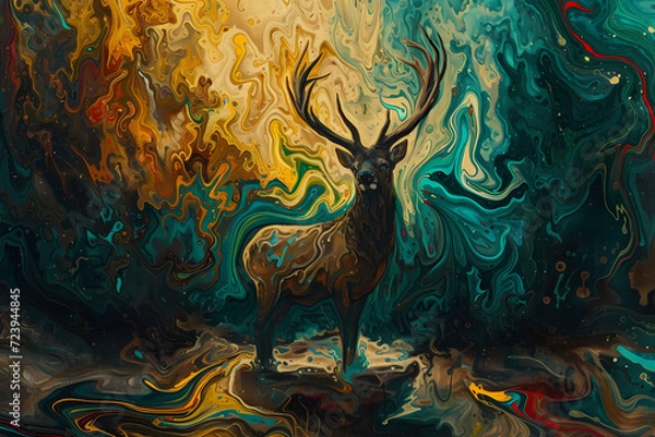 Fototapeta Portrait of a majestic stag standing in a mystical forest