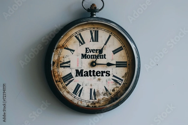 Fototapeta An old-fashioned round wall clock with Roman numerals and a message 'Every Moment Matters' in the center