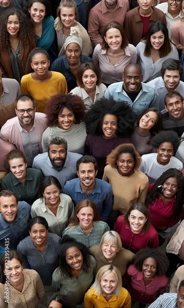 Obraz From above view of Large group of diverse ethnicity people looking up