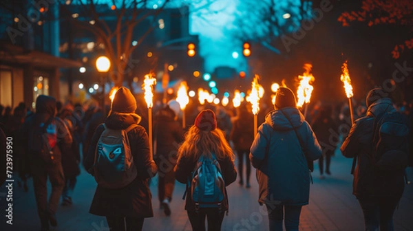 Obraz Group of Demonstrators Marching with Torches in Urban Setting