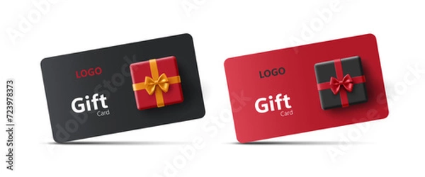 Obraz A set of gift cards with a gift box, top view. 3D. Loyalty program, bonus card. For concepts of marketing promotion of goods for holidays, birthdays. EPS 10