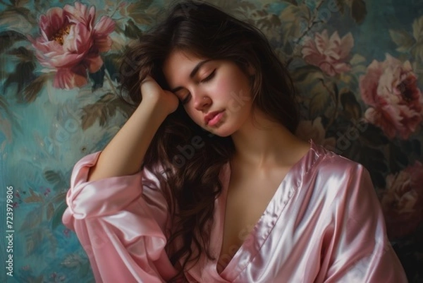 Fototapeta Beautiful Young Woman In Pink Silk Robe