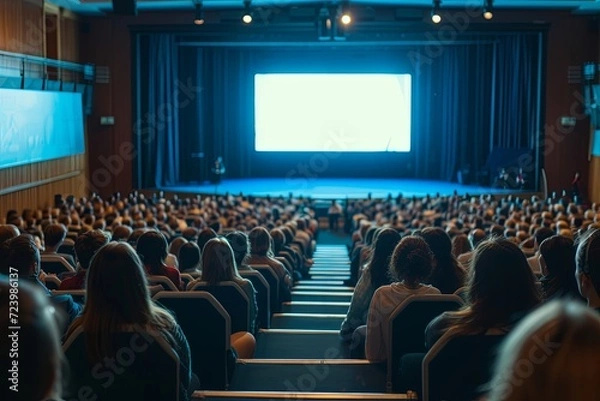 Obraz Back view of audience in the conference hall or seminar meeting with large media screen showing video presentation