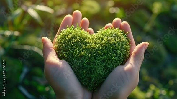 Fototapeta Caring hands hold a heart-shaped piece of moss, symbolizing love for nature, with the warm sunlight filtering through.