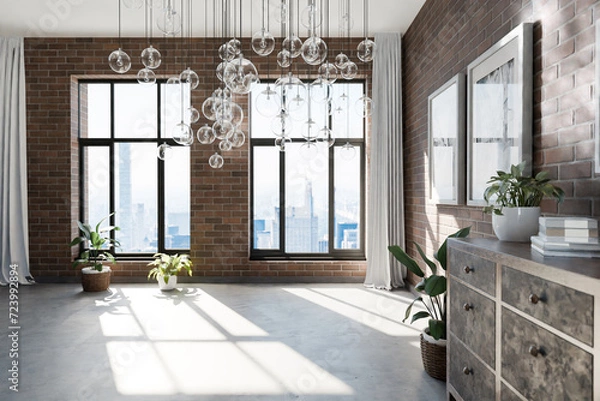 Fototapeta luxurious loft apartment with floor-to-ceiling windows and panoramic view; glass hanging lamps; modern minimalistic interior design of living room area; bright daylight; 3D rendering