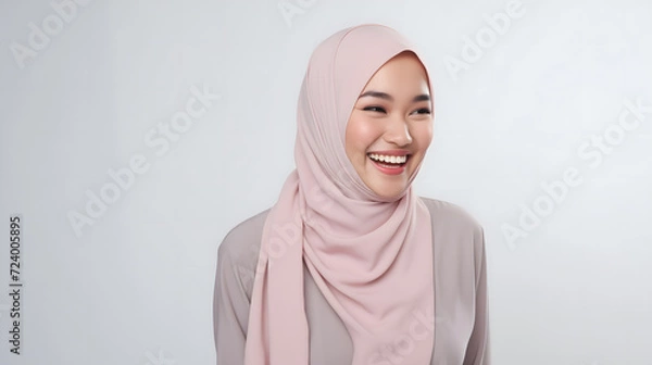 Obraz Radiant smile of a beautiful Asian woman with a hijab, capturing genuine joy and warmth, against a gray background