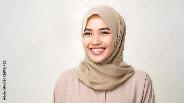 Obraz Radiant smile of a beautiful Asian woman with a hijab, capturing genuine joy and warmth, against a gray background
