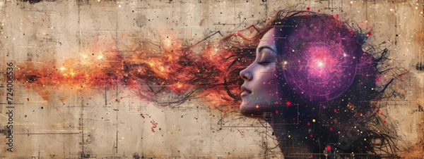 Fototapeta The Enigmatic Muse: A Vibrant Portrait of a Woman With a Illuminated Purple Mind