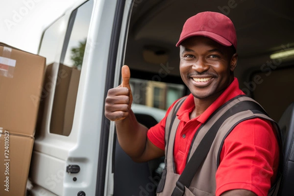 Fototapeta A delivery man wearing a uniform and holding a package gives a thumbs up gesture to indicate a successful delivery.