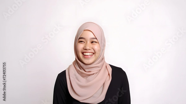 Obraz Radiant smile of a beautiful Asian woman with a hijab, capturing genuine joy and warmth, against a gray background