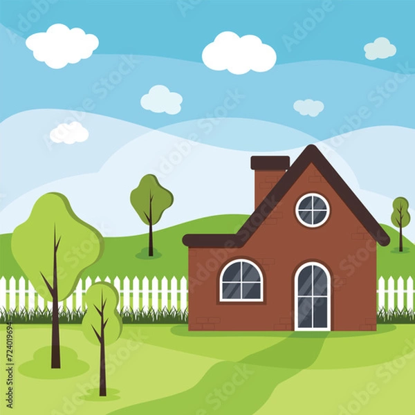 Obraz Vector illustration of a rustic brick house on a background of fields, trees and clouds.
