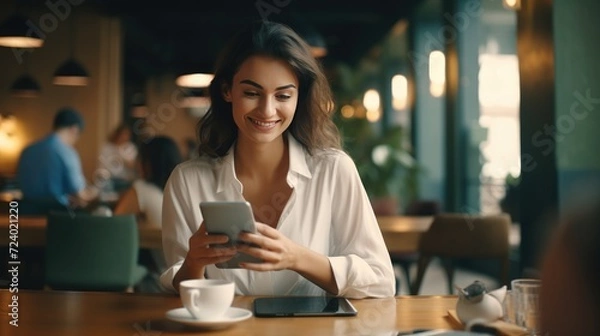 Obraz Working life style, pretty and confident woman working in in co-working space or coffee shop. AI generated, copy space for text