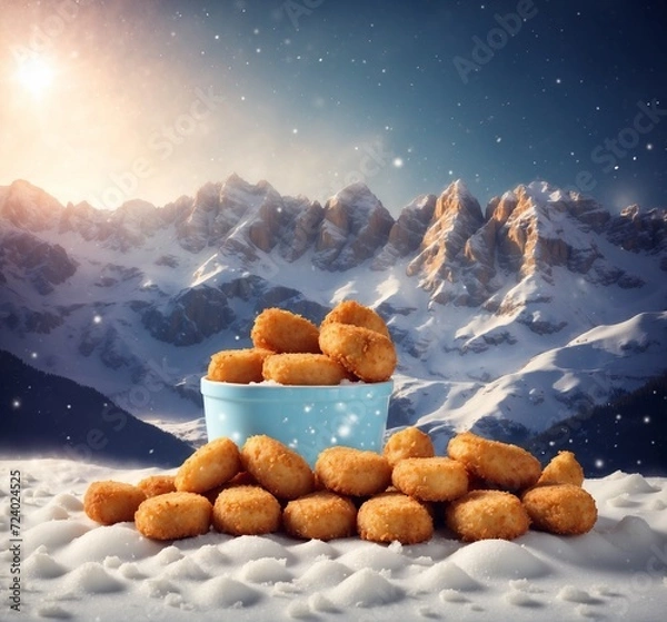 Obraz Bowl of nuggets on snow with mountains in the background.