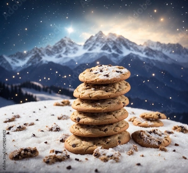 Obraz Chocolate chip cookies on snow against snowy mountains. Christmas concept.