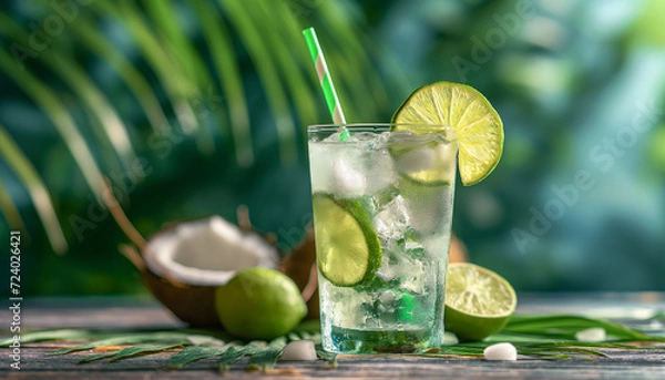 Fototapeta Refreshing Coconut Water with Lime on Wooden Table - Summer Hydration Concept