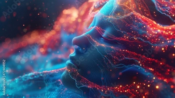 Obraz A serene visage emerges from an intricate web of light, crafted from blue and red lines that mimic a sophisticated neural network against a dark backdrop, embodying the essence of artificial intellige