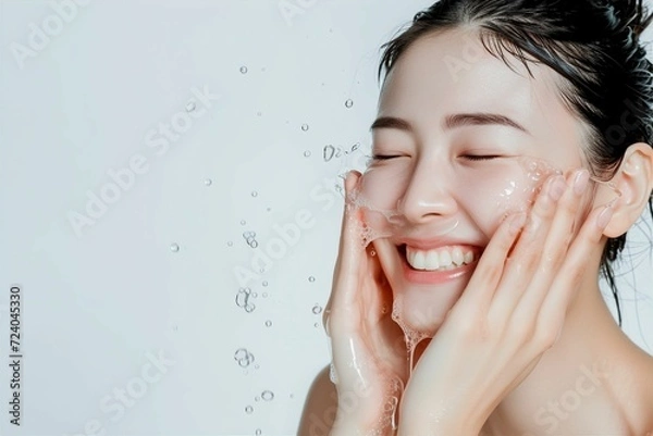 Fototapeta 洗顔をする肌の綺麗な日本人女性（スキンケア・美肌・モデル） 