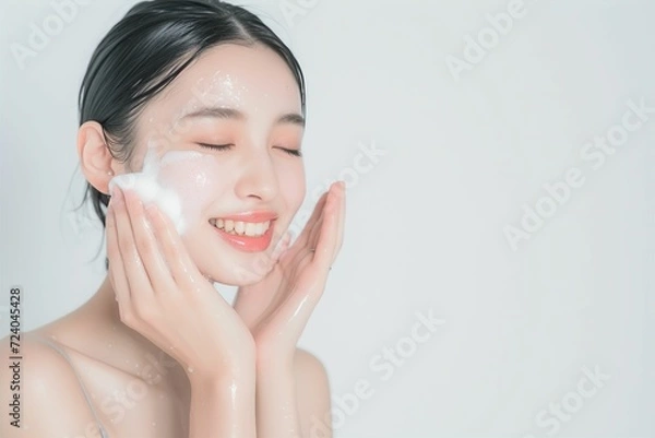 Fototapeta 洗顔をする肌の綺麗な日本人女性（スキンケア・美肌・モデル） 