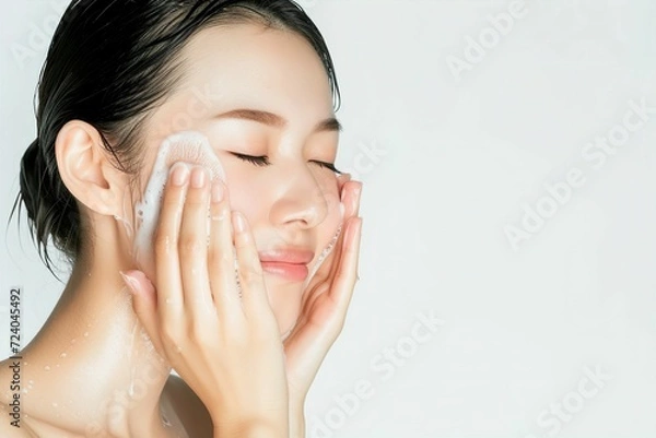 Fototapeta 洗顔をする肌の綺麗な日本人女性（スキンケア・美肌・モデル） 