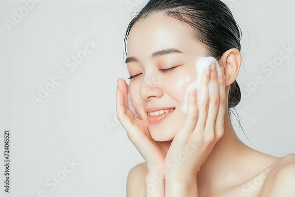 Obraz 洗顔をする肌の綺麗な日本人女性（スキンケア・美肌・モデル） 