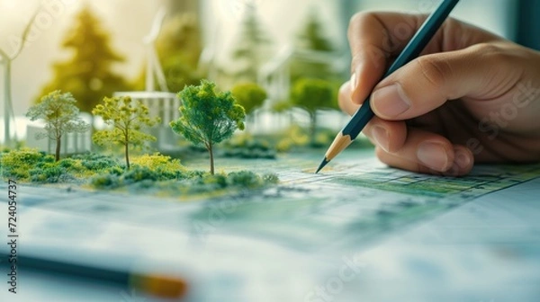 Fototapeta Businessman planning on environmental protection initiative for clean and sustainable future ecology, ESG environmental social governance display on paper chart on eco-friendly company, generative ai