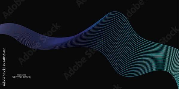 Fototapeta Abstract vector wave line flowing green and blue color isolated on black background for design elements in concept technology, music, science