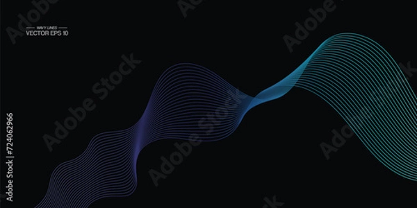 Fototapeta Vector wavy lines pattern smooth curve flowing dynamic blue green gradient light isolated on black background for concept of technology, digital, communication, science, music.
