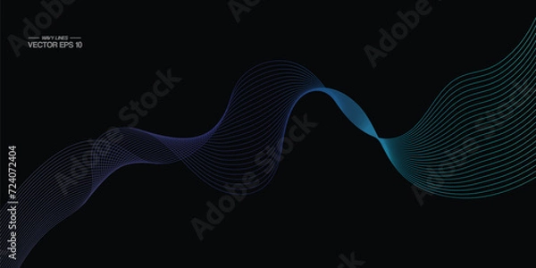 Fototapeta Vector wavy lines pattern smooth curve flowing dynamic blue green gradient light isolated on black background for concept of technology, digital, communication, science, music.