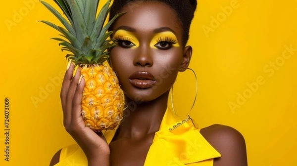 Obraz female model holding pineapple posing on yellow studio background