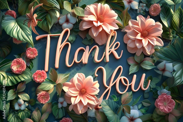 Obraz "Thank you" written in a 3D style with flowers around. Great for presentation end screens.