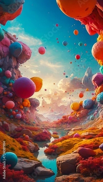 Fototapeta The Explosion of Colorful Shapes in a Surreal Landscape. An Otherworldly Dimension, with Floating Islands and a Fantasy Sky. Fairytale Landscape.
