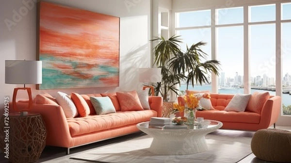 Fototapeta An architectural dream with a plush coral sofa, geometric lines casting shadows in a twilight setting for a serene ambiance