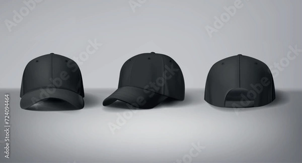 Fototapeta Black baseball caps mock up in gray background, front and back or different sides. For branding and advertising.