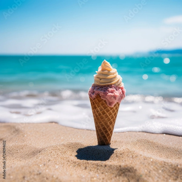Fototapeta Seaside Sweetness: Ice Cream Cone Planted in the Sand, Sea as the Scenic Backdrop