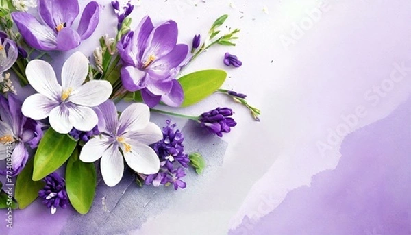 Fototapeta Violet spring flowers background, empty space for text