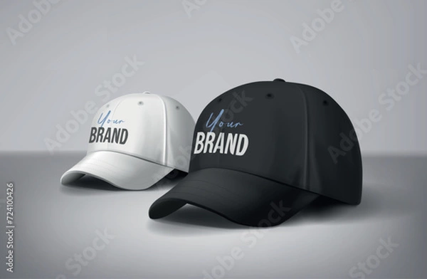 Fototapeta Black and white baseball caps mock up with logo in gray background, front sides. For branding and advertising.